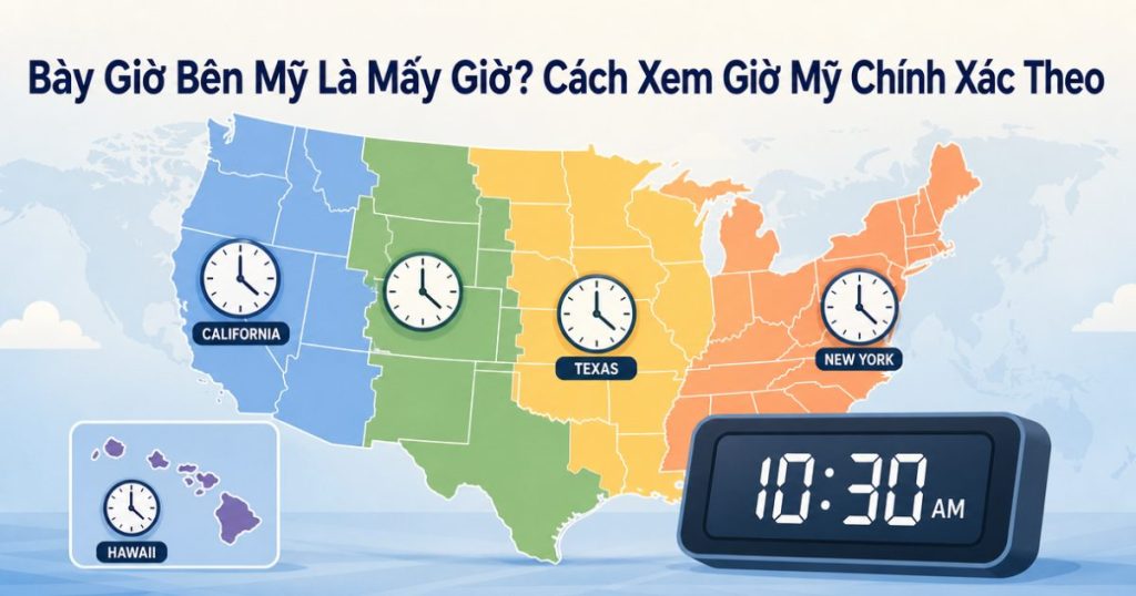 Bản đồ múi giờ Mỹ với đồng hồ hiển thị giờ hiện tại
