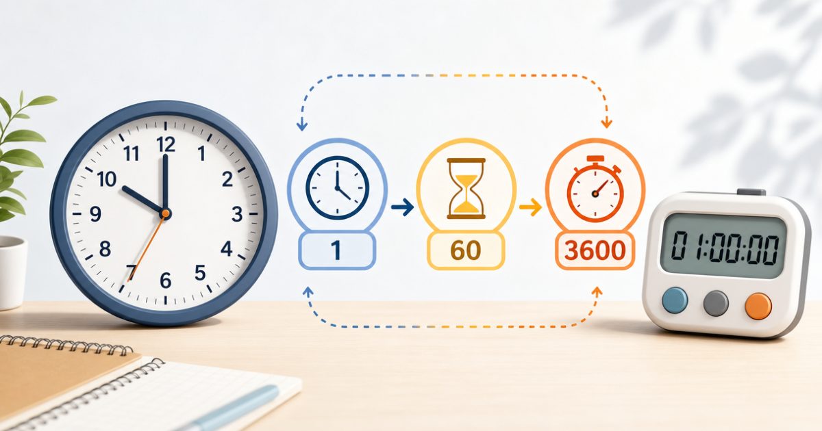 Minh họa cách quy đổi 1 giờ sang phút và giây