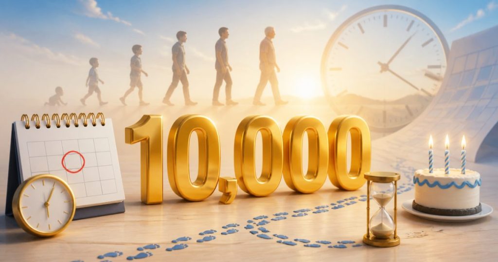 Minh họa mốc 10.000 ngày tuổi trên lịch và đồng hồ