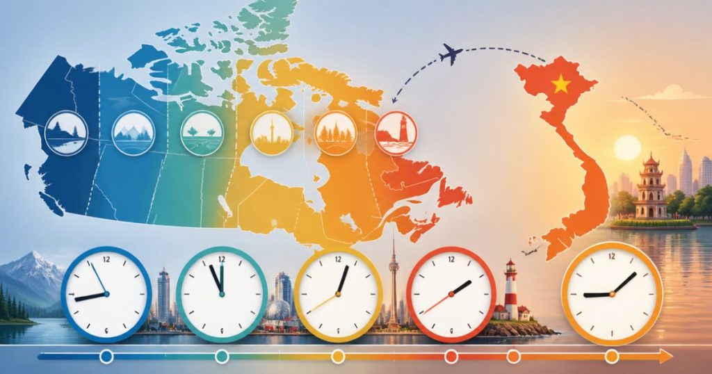Bản đồ múi giờ Canada và mức chênh lệch giờ với Việt Nam