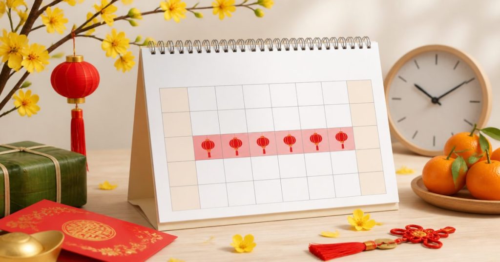 Lịch nghỉ Tết 2027 với lịch bàn và trang trí Tết