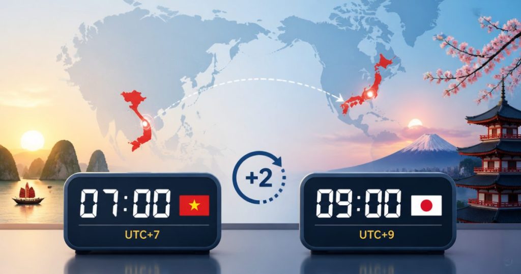 Bản đồ minh họa chênh lệch múi giờ giữa Việt Nam và Nhật Bản là 2 tiếng