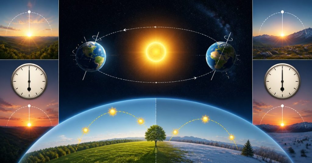Minh họa Trái Đất nghiêng quanh Mặt Trời và giờ mọc lặn thay đổi theo mùa