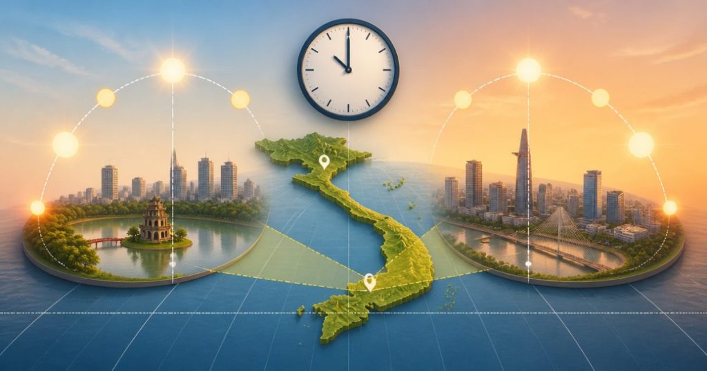 So sánh giờ đồng hồ và giờ mặt trời giữa Hà Nội với TP.HCM