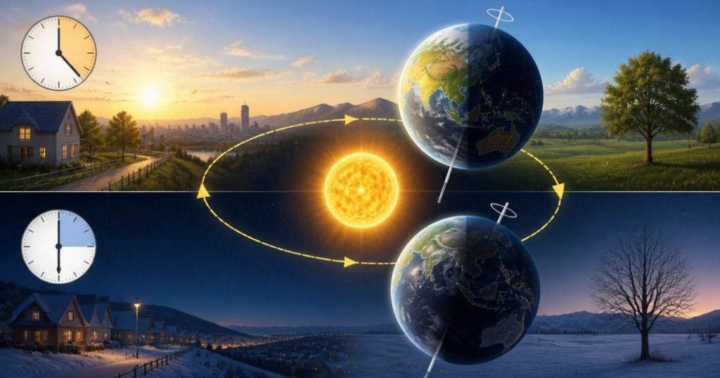 Minh họa Trái Đất nghiêng tạo ra khác biệt giữa bình minh mùa hè và mùa đông