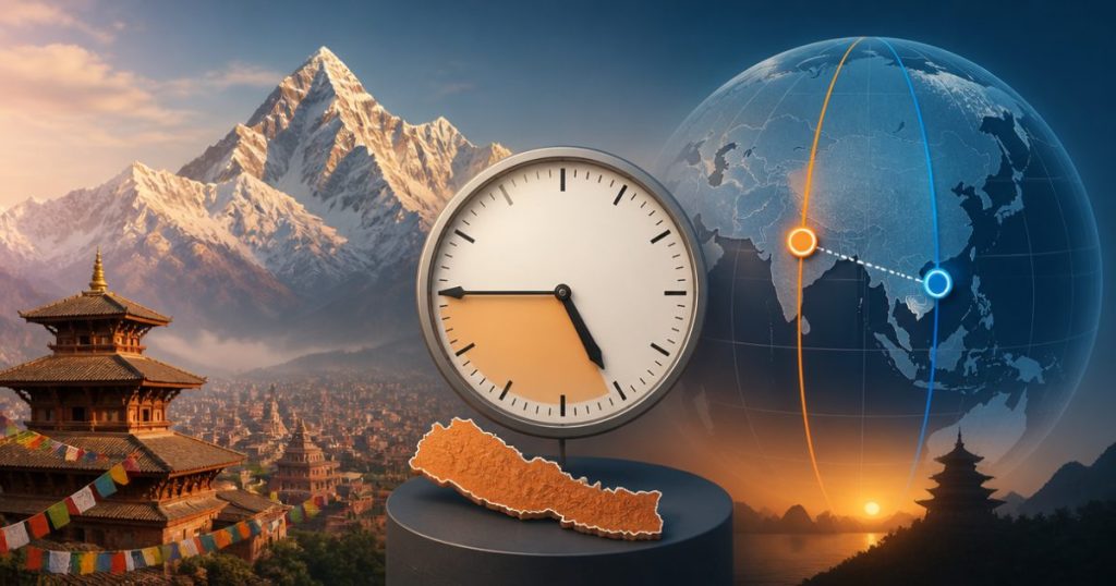 Bản đồ minh họa múi giờ UTC+5:45 của Nepal và chênh lệch với Việt Nam
