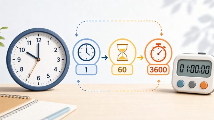Minh họa cách quy đổi 1 giờ sang phút và giây