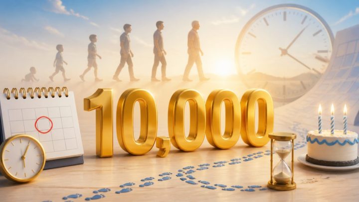 Minh họa mốc 10.000 ngày tuổi trên lịch và đồng hồ