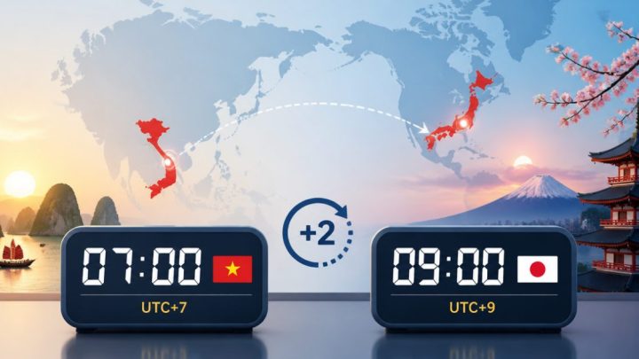 Bản đồ minh họa chênh lệch múi giờ giữa Việt Nam và Nhật Bản là 2 tiếng