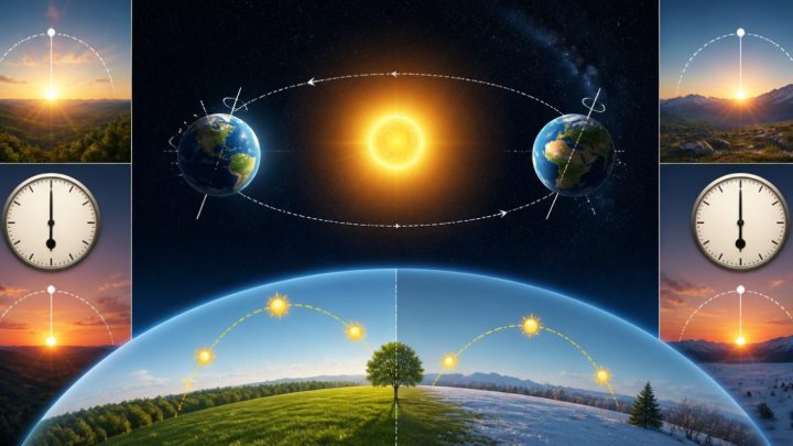 Minh họa Trái Đất nghiêng quanh Mặt Trời và giờ mọc lặn thay đổi theo mùa