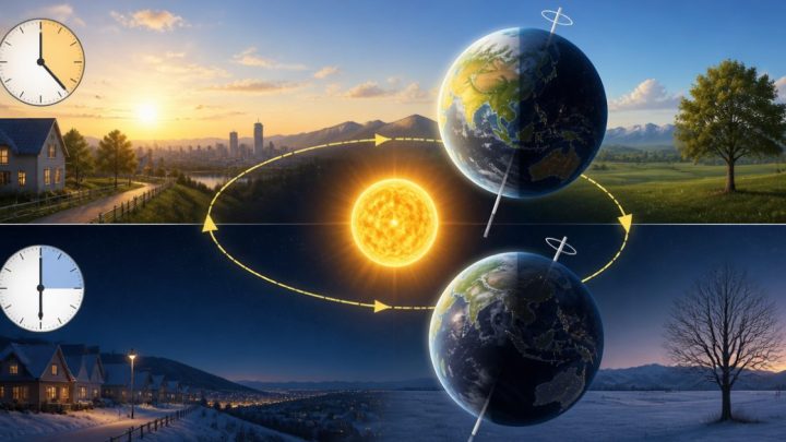 Minh họa Trái Đất nghiêng tạo ra khác biệt giữa bình minh mùa hè và mùa đông