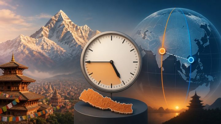 Bản đồ minh họa múi giờ UTC+5:45 của Nepal và chênh lệch với Việt Nam